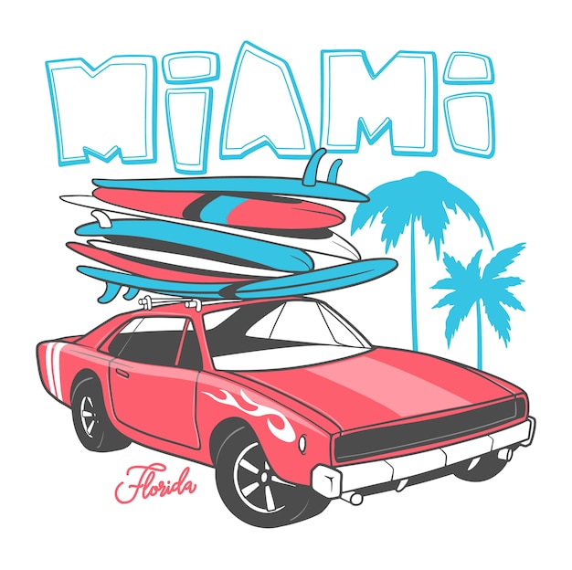 Tipografia miami para impressão de t-shirt e carro retro com prancha de surf.