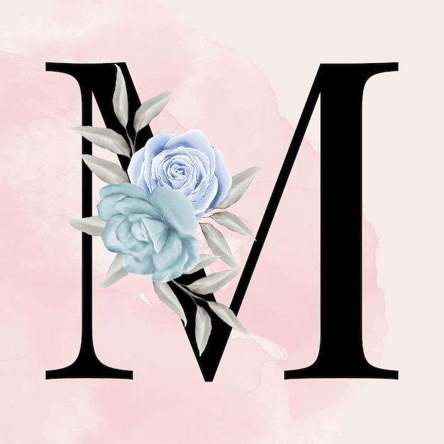 Vetor tipografia romântica de fonte preta letra m com fundo floral aquarela