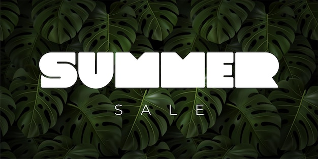 Tipografia summer sale com folhas tropicais realistas monstera