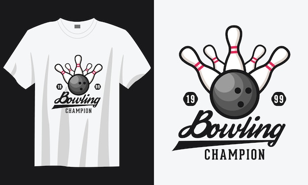 Tipografia vintage campeã de boliche com rotulação e design de camiseta para bola de boliche