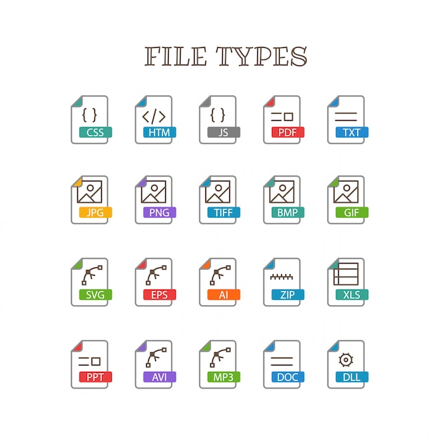 Vetor tipos de arquivos diferentes conjunto de vetores de ícones de cores de linha fina