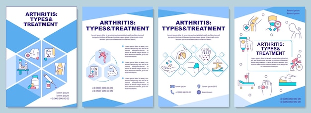 Tipos de artrite e modelo de folheto de tratamento. folheto, folheto, impressão de folheto, design da capa com ícones lineares. layouts de vetor para apresentação, relatórios anuais, páginas de anúncios