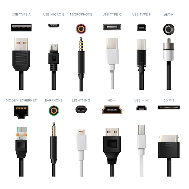 Vetor tipos de conectores fios e adaptadores para dispositivos