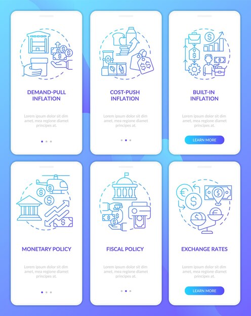 Tipos de inflação e causa o conjunto de telas de aplicativos móveis de integração de gradiente azul