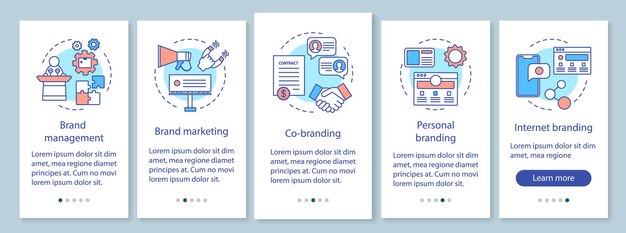 Tipos de marca na tela da página do aplicativo móvel de integração, conceitos lineares. Marketing de marca. Cinco instruções gráficas de etapas passo a passo. Pessoal, marca na Internet. UX, UI, modelo de vetor GUI, ilustrações