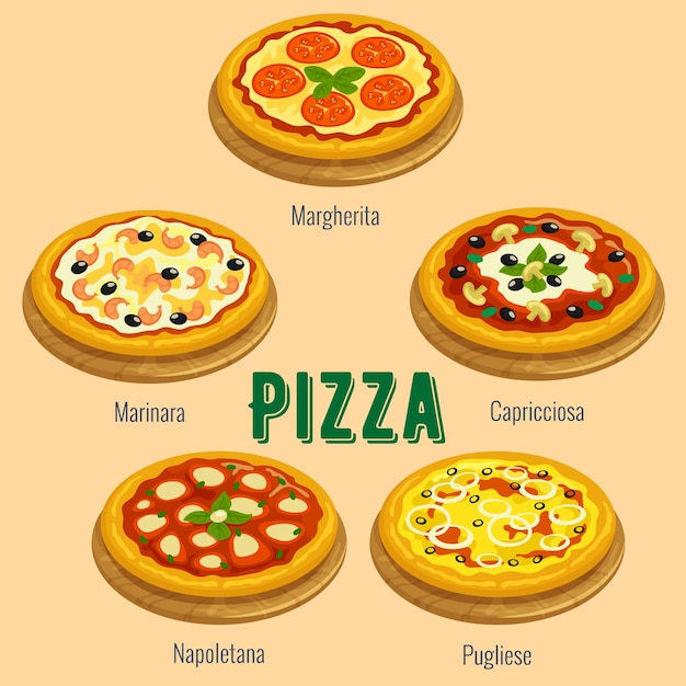 Tipos de pizza. Cartão de menu de cozinha italiana. Ícones de vetor de tipos de pizza Margherita, Marinara, Capricciosa, Napoletana, Pugliese para restaurante, banner de pizzaria, cartaz