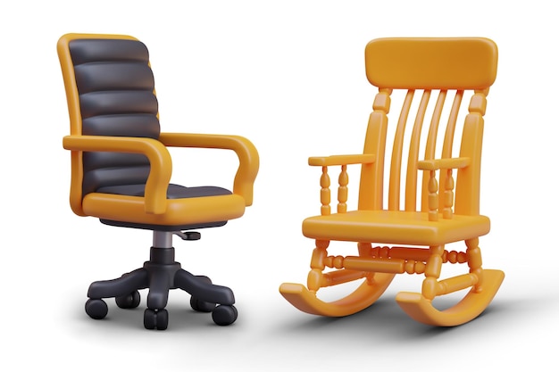 Vetor tipos de poltronas cadeira de balanço de madeira antiga e cadeira de escritório ergonômica moderna de couro