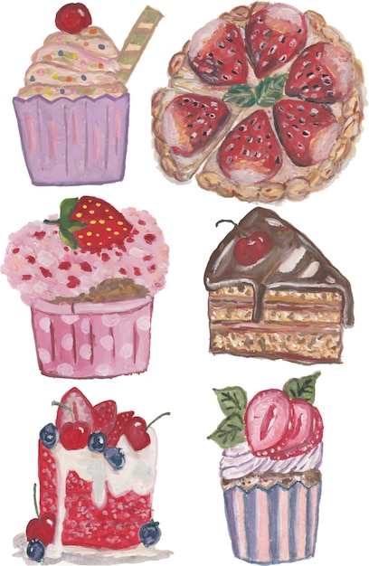 Tipos de sobremesas desenhado à mão aquarela ilustração clipart