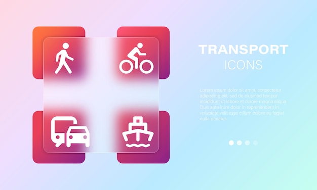 Tipos de transporte de vetor de movimento borrão gradiente conjunto de ícones caminhe ônibus de carro de bicicleta e navio símbolo estilo de morfismo de vidro vetor eps 10