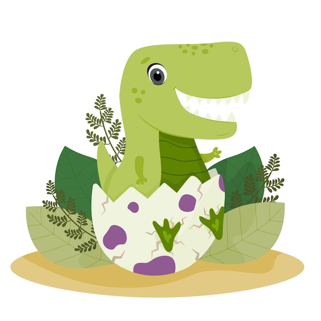 Vetor tiranossauro bebê em uma casca de ovo. dinossauro verde bonito em um ovo. dragão em uma concha.