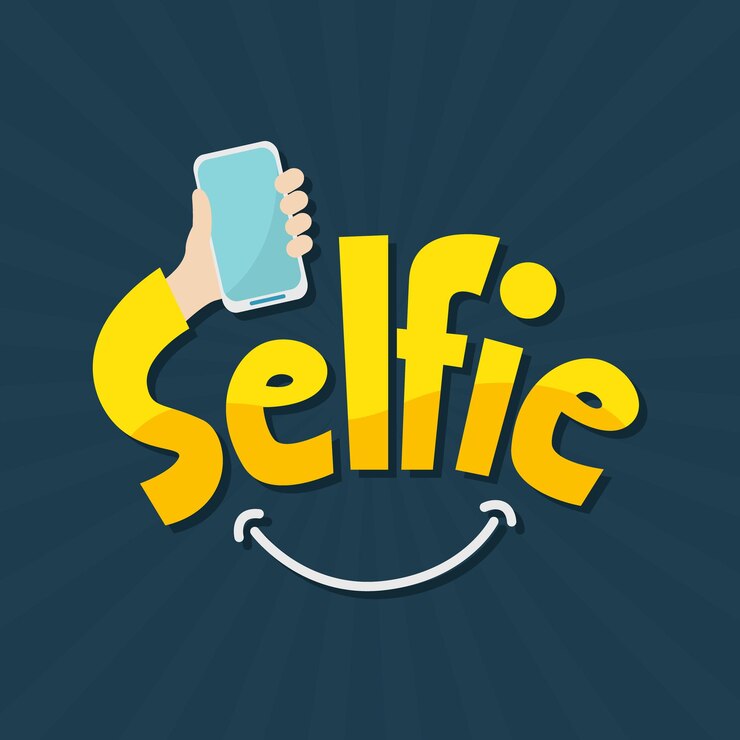 Vetor tirar uma selfie com um smartphone conceito de tipografia criativa em fundo azul mão e sorriso