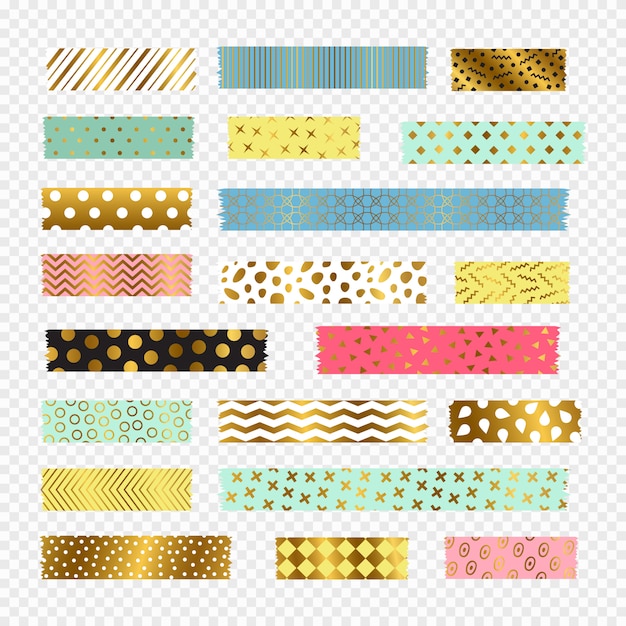 Tiras de fita washi colorido, dourado, elementos de scrapbook