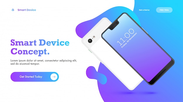 Tiro de herói ou design de página de destino com smartphone para dispositivo inteligente