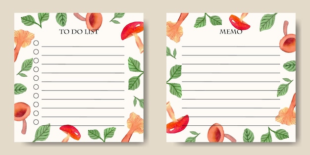 To do list memo square template com fundo de cogumelos aquarela pintado à mão para impressão