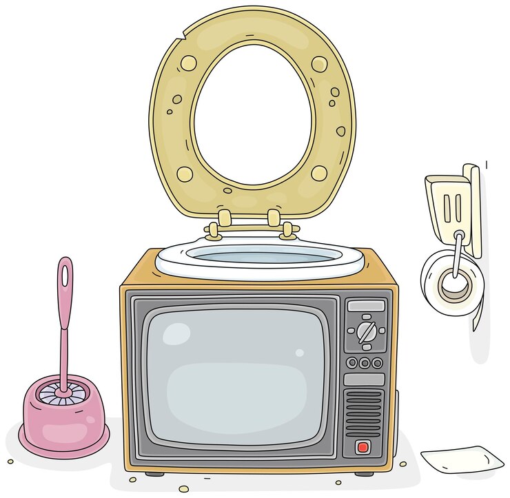 Vetor toalete velho e sujo com uma caixa de tv desatualizada em vez de uma panela de banheiro