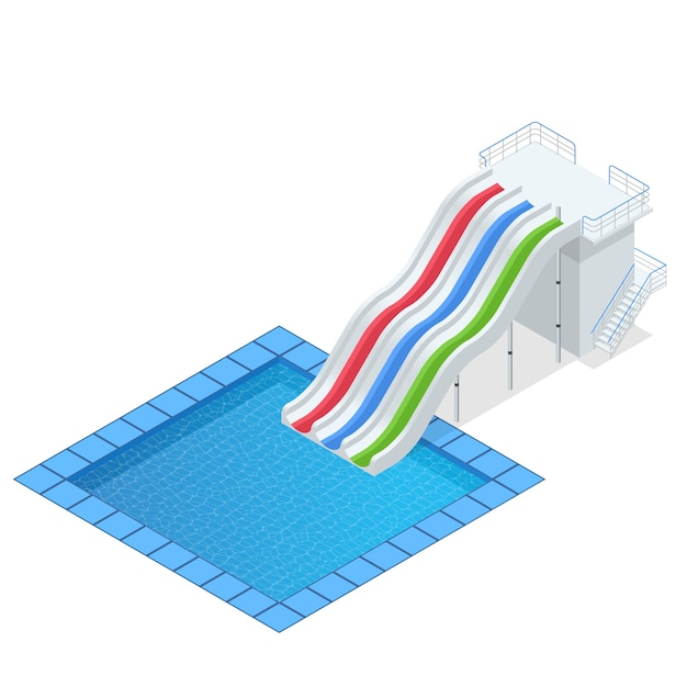 Toboágua colorido isométrico com piscina, equipamento de parque aquático, definido para design. piscina e toboáguas ilustração em vetor isolada no fundo branco.