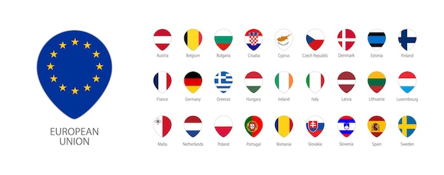 Todas as bandeiras da Europa pin forma com botões de sombra isolados em branco