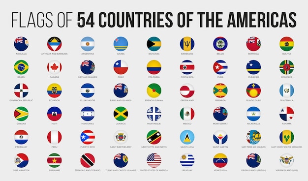 Vetor todas as bandeiras estaduais dos países das américas circundam o estilo do botão isolado no branco alfabético