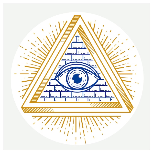 Todo o olho de deus no triângulo de geometria sagrada, símbolo de alvenaria e illuminati, logotipo vetorial ou elemento de design de emblema.