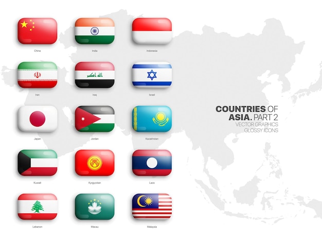 Vetor todos os países asiáticos bandeiras vetor 3d arredondado brilhante ícones isolado em branco
