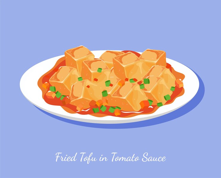 Vetor tofu frito em molho de tomate
