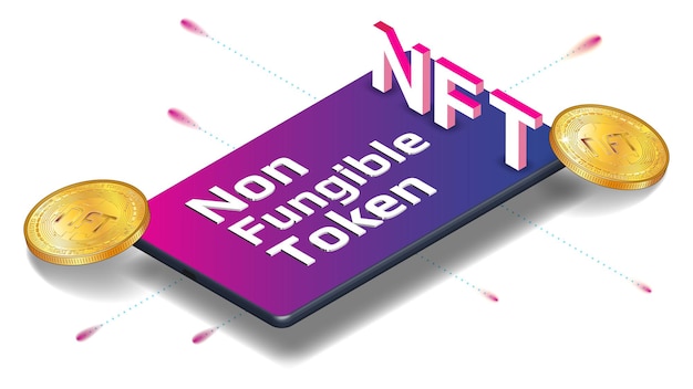 Token não fungível de nft em um celular isométrico isolado no branco. nova classe de moedas. pague por itens colecionáveis exclusivos em jogos ou arte. elemento de desenho vetorial.