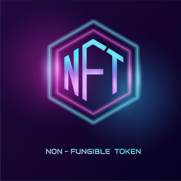 Token não fungível (NFT). Fundo de design de logotipo de token não fungível. Luz de néon azul e roxa.