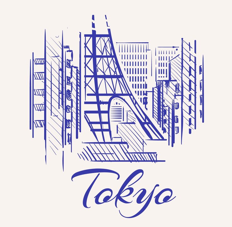 Vetor tokyo sketch skyline tokyo mão desenhada ilustração vetorial isolada no fundo branco