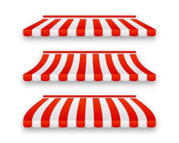 Toldos de loja dossel de loja de tenda de restaurante com listras vermelhas conjunto de telhado de mercado de tenda para dossel de loja para loja de café ilustração vetorial