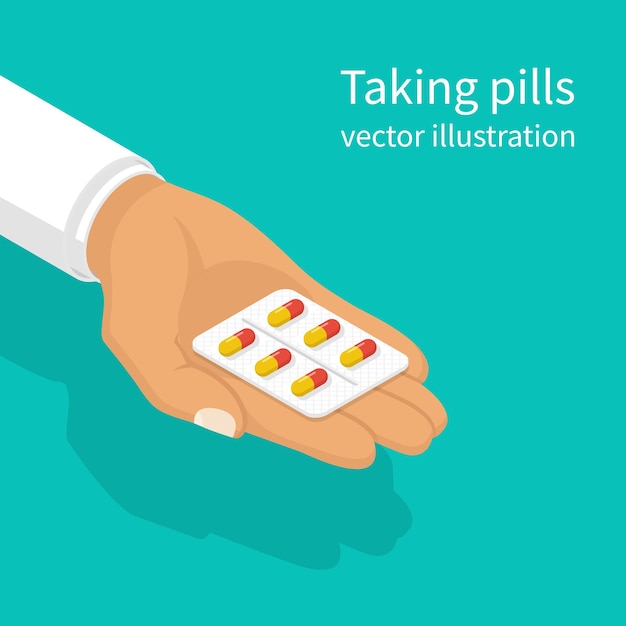 Vetor tomando as pílulas médico segura nas mãos cápsula de bolha ilustração vetorial design isométrico tome comprimidos analgésicos conceito de tratamento médico saúde medicamentos médicos