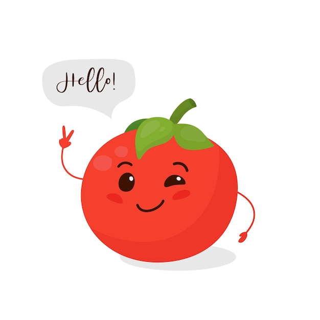 Tomate diz olá tomate bonito isolado no fundo branco engraçado sorrir tomate modelo de design de vetor para banner card tshirt print crianças crianças bebê vegan conceito de comida vegetariana