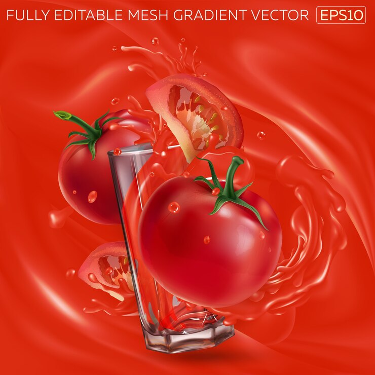 Vetor tomate e um copo de suco de vegetais em um fundo de suco de tomate.