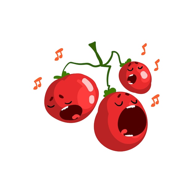 Tomates doces vermelhos maduros cantando canção legumes fofos personagens com rostos engraçados ilustração vetorial