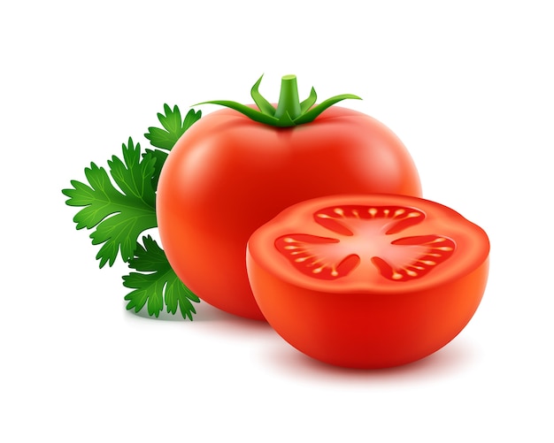 Tomates inteiros grandes vermelhos maduros e frescos cortados com salsa close up isolado no fundo branco