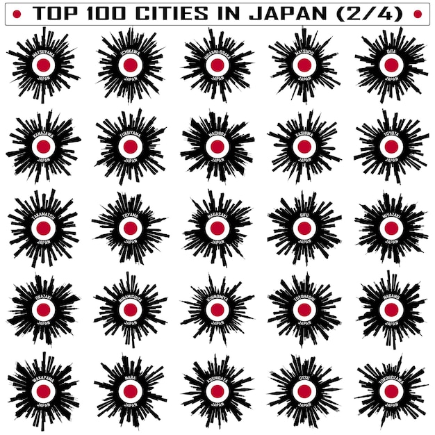 Vetor top 100 city skyline silhouettes no japão bandeira sticker emblem badge souvenir de viagem parte 2