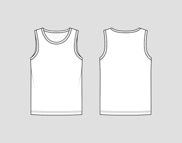 Top de colete. Camiseta tanque. Roupa de banho masculina. Esboço técnico vetorial. Ilustração de moda.