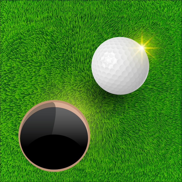 Vetor top view bola de golfe com grama verde fundo uma bola de golf e um buraco com um buraco no meio dela