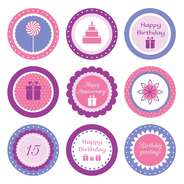Vetor toppers de cupcake imprimíveis conjunto vetorial de rótulos de toppers de cupcake redondos brilhantes para festa de aniversário