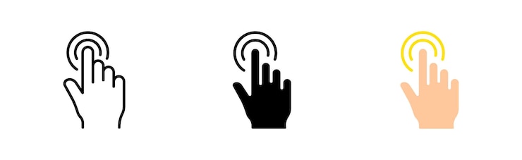 Vetor toque no ícone definido clique no zoom do dedo indicador tocando deslizando deslizando o relógio do sensor de seta do cursor de toque pressionando o conceito ícone vetorial na linha estilo preto e colorido no fundo branco