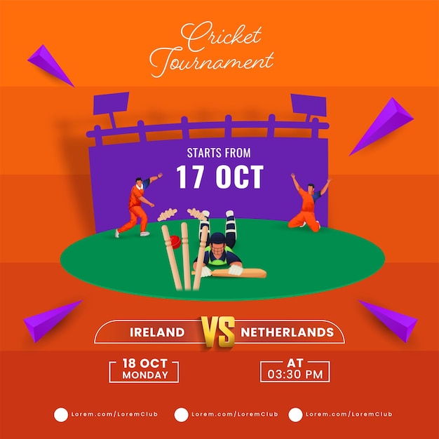 Torneio de críquete partida entre a irlanda e a holanda, com jogo de críquete esgotado e elementos de triângulo roxo 3d em fundo laranja.