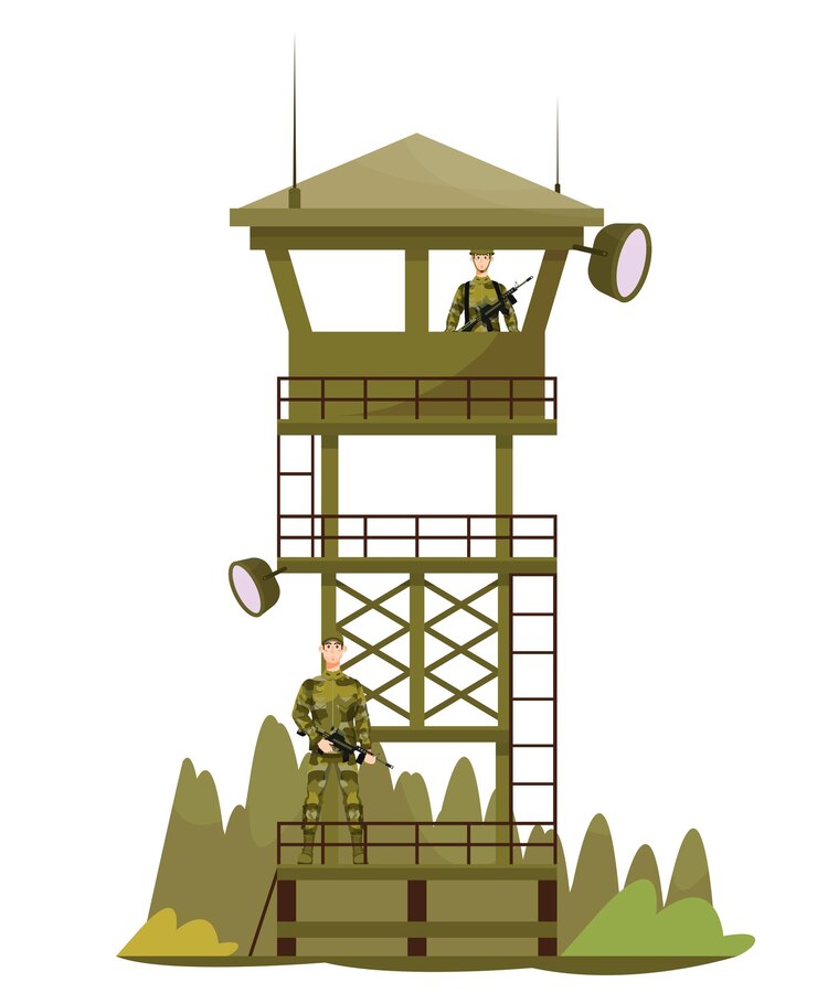 Vetor torre de guarda guardas de torre de vigia soldados olhe para fora acampamento base militar serviço militar conceito do exército