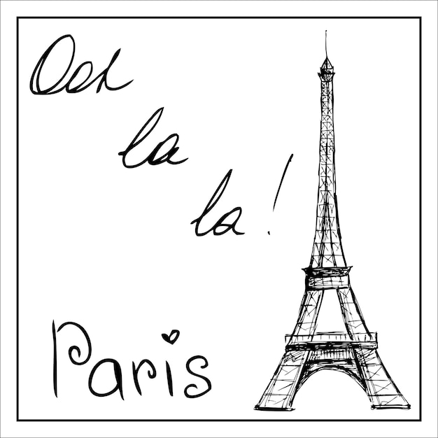 Torre eiffel a palavra paris em um fundo branco vector de desenho à mão