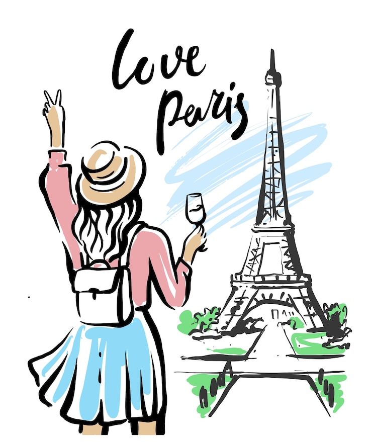 Vetor torre eiffel e mulheres com vidro