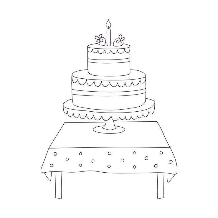 Vetor torta de aniversário desenhada à mão com velas na mesa com toalha de mesa sobremesa de comida doce símbolo de celebração vector de rabiscado de contorno ilustração em preto e branco isolada em fundo branco
