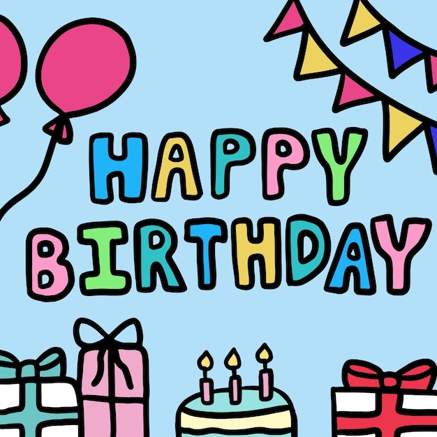 Torta de aniversário desenhada à mão, velas, balões, caixas de presente, cartas de feliz aniversário para a festa de cartões de aniversário.
