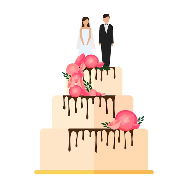 Vetor torta de casamento com arcos e toppers noiva e noivo ilustração em design plano