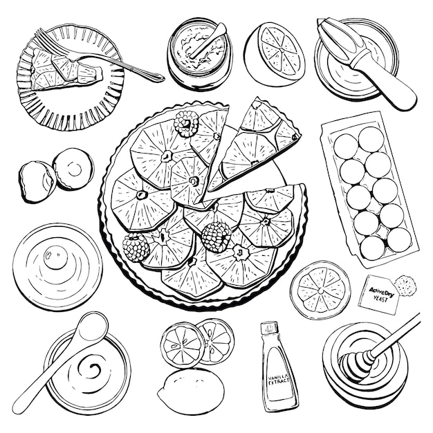 Torta de citrinos e ingredientes para receita de sobremesa Set de ilustrações vetoriais