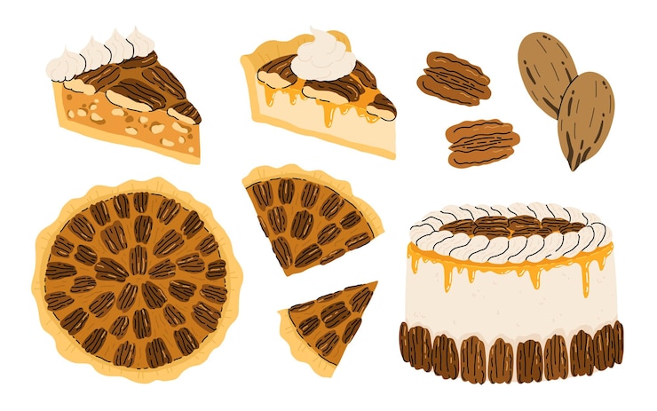 Vetor torta de pecan com creme batido ou sorvete de desenho animado set de fatias e torta inteira de pecan bolo de pecan nozes de pecan em casca em estilo lindo plano dia de apreciação de pecan pie