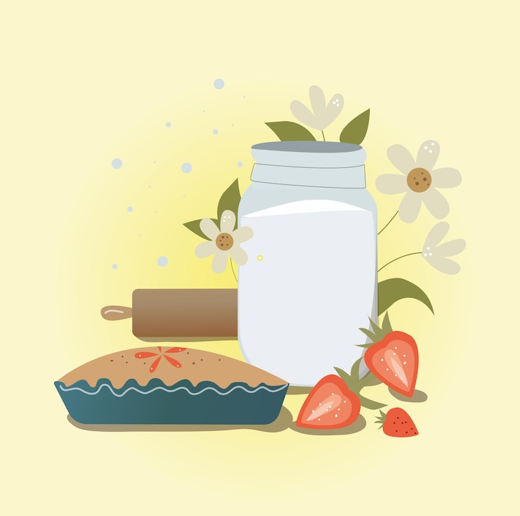 Vetor torta, morangos e lata de leite