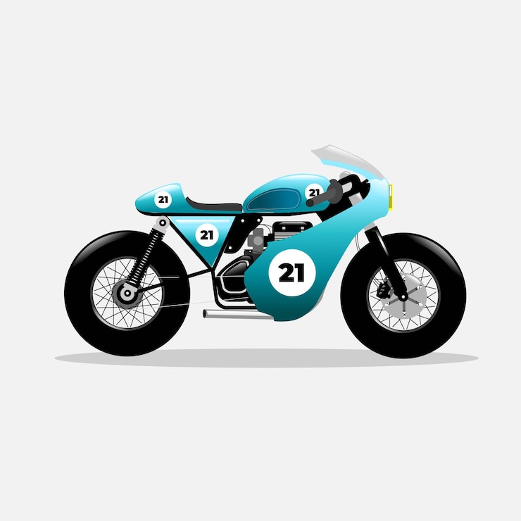 Vetor tosca caferacer full fairing com número de corrida e rodas grandes motocicleta personalizada